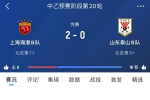 中乙第20輪：上海海港B隊2-0山東泰山B隊，張俊杰點射&廖重九破門