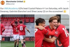 5戰(zhàn)全勝！曼聯(lián)U21隊(duì)4-1水晶宮U21隊(duì)，領(lǐng)跑聯(lián)賽積分榜