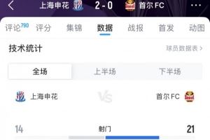 申花vs首爾FC全場(chǎng)數(shù)據(jù)：射門14-21，射正6-5，控球率33%-67%